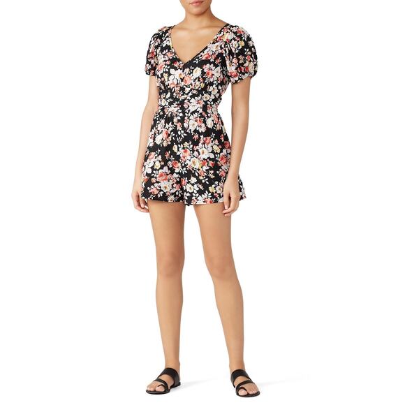 Louna‎ Puff Sleeve Romper Women's Medium Black Floral  V-Neck Short Sleeve RTR - Picture 1 of 12